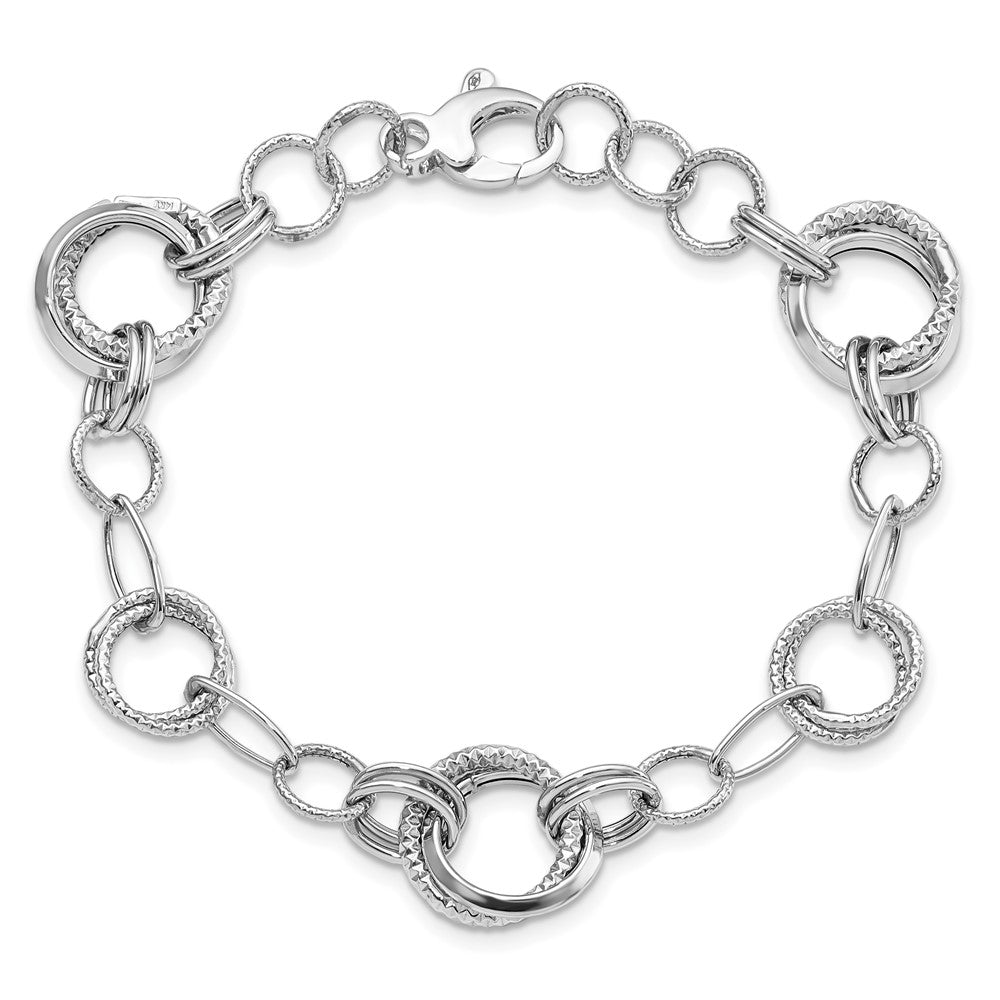 14K White Gold Polished and Textured Fancy Link Bracelet 7  inches