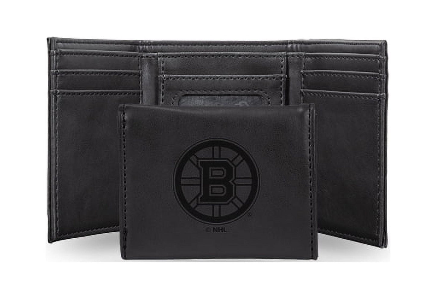 Hockey Rico Industries Boston Bruins Black Laser Engraved Trifold Laser Engraved Tri-Fold Wallet - Men's Accessory