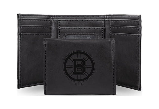 Hockey Rico Industries Boston Bruins Black Laser Engraved Trifold Laser Engraved Tri-Fold Wallet - Men's Accessory
