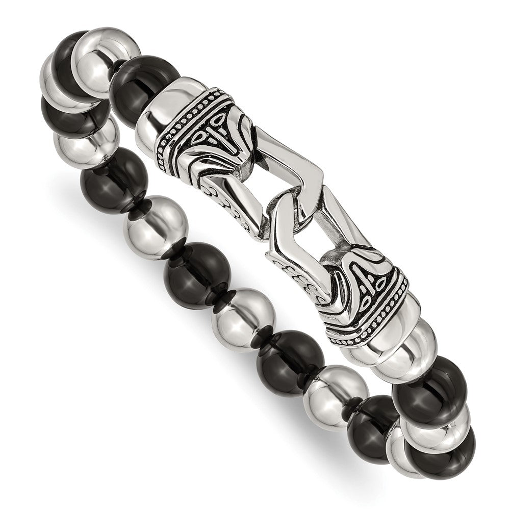 Stainless Steel Antiqued and Polished Black Agate Stretch Bracelet 7.25 inches