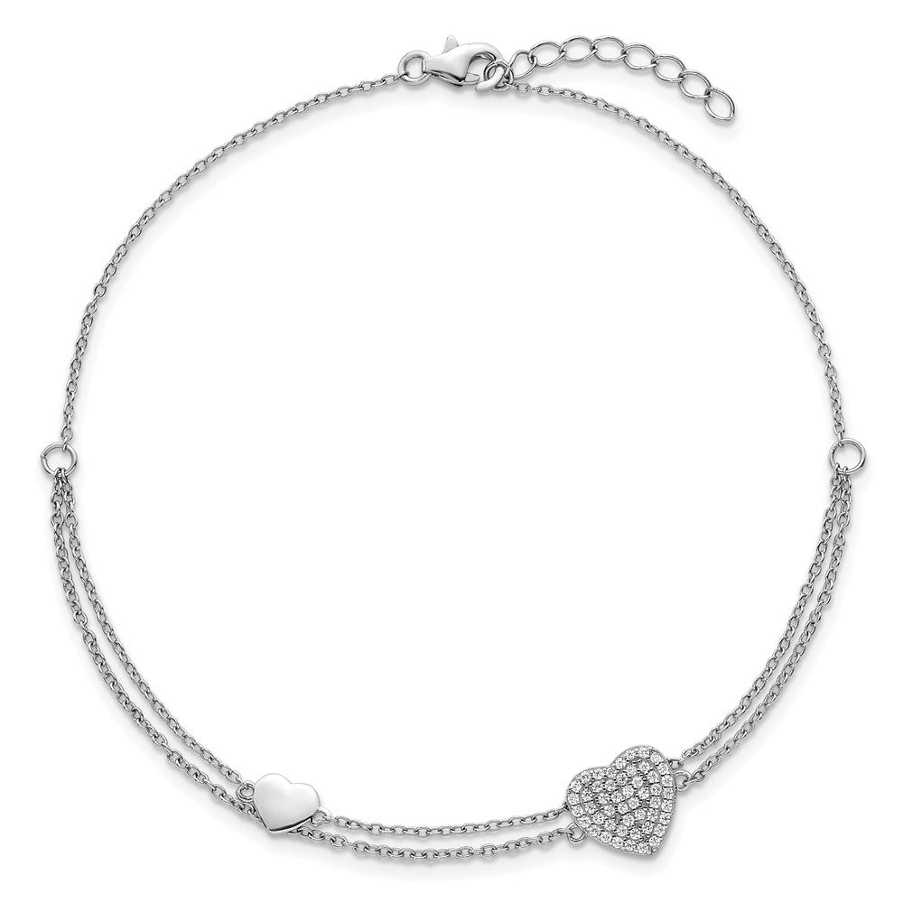 Sterling Silver Rhodium-plated Polished Two-Strand CZ Hearts 9 Inch Plus 1 Inch Extension Anklet