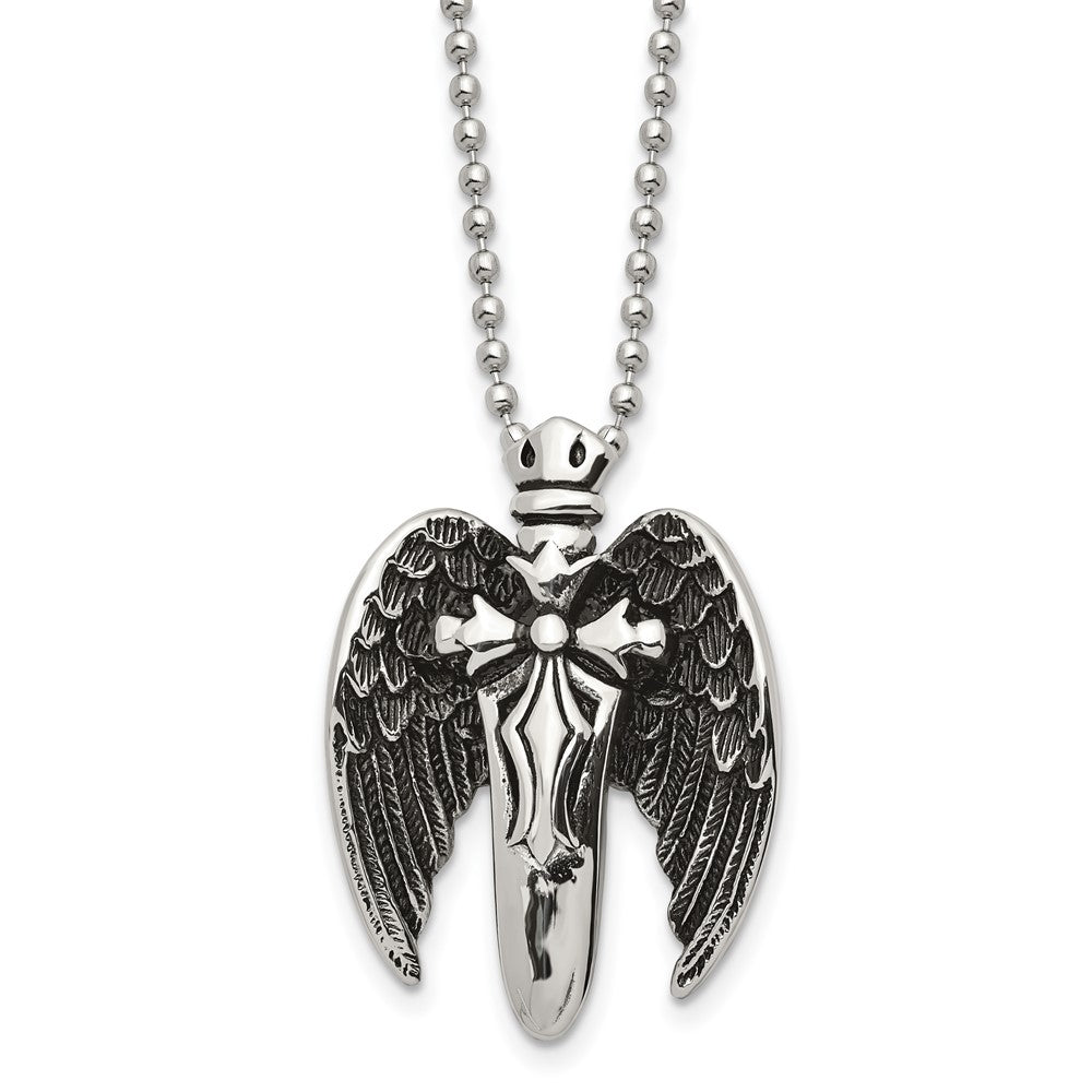 Stainless Steel Antiqued Brushed & Polished Winged Sword Cross Necklace