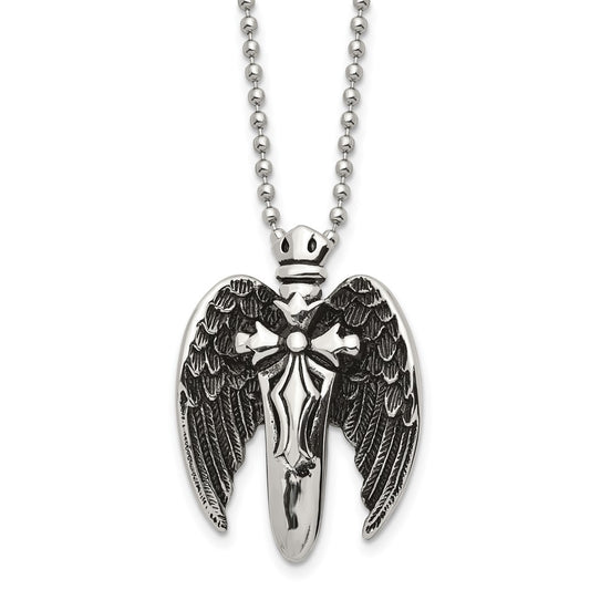 Stainless Steel Antiqued Brushed & Polished Winged Sword Cross Necklace
