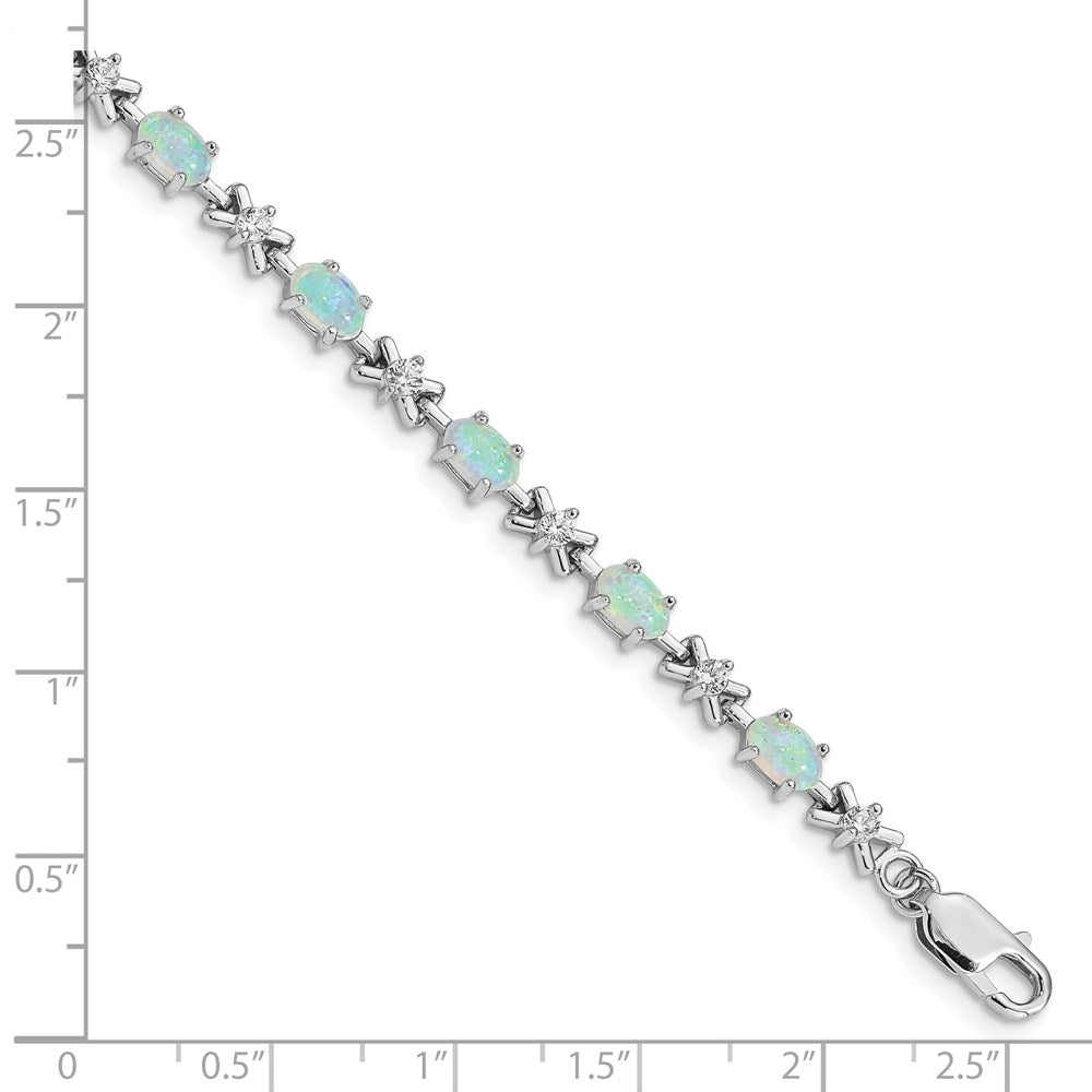 Sterling Silver Rhodium Plated 7inch CZ/Created Opal XO Bracelet 7 inches