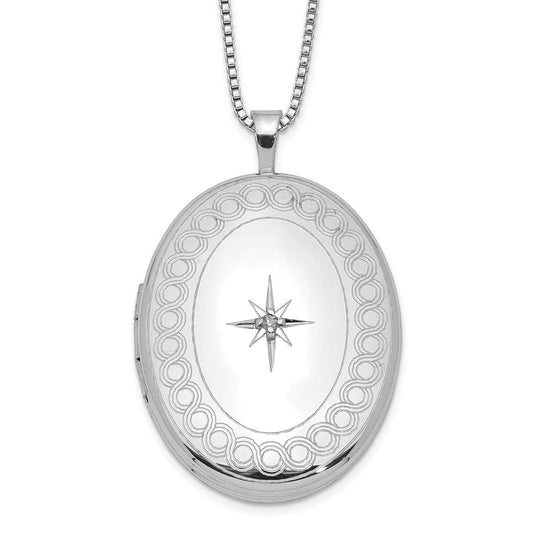 Sterling Silver Rhod-plated 26mm Circle Border Diamond Oval Locket Necklace 18 Inches