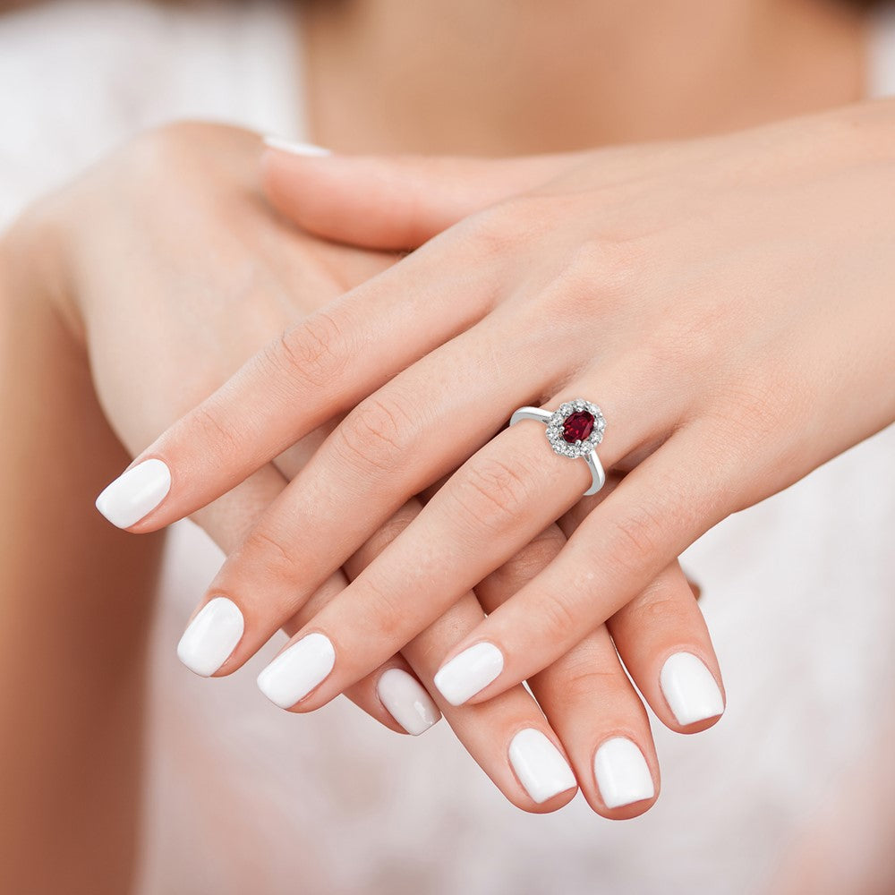 10k White Gold 5/8 carat Lab Grown Diamond VS/SI+ G+ and Oval Lab Created Ruby Halo Fashion Ring