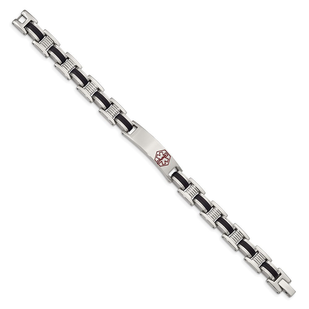 Stainless Steel Black Rubber Red Enamel 8in Medical Bracelet 8 inches