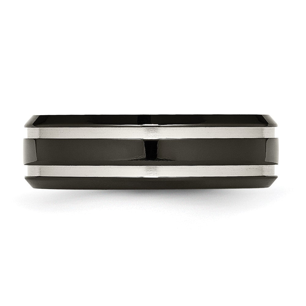 Titanium Brushed and Polished Black IP-plated 7mm Grooved Band Size - 6.5
