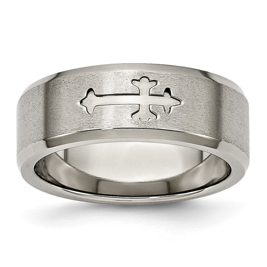 Titanium Brushed Center Cross Design 8mm Beveled Edge Band Size - 12