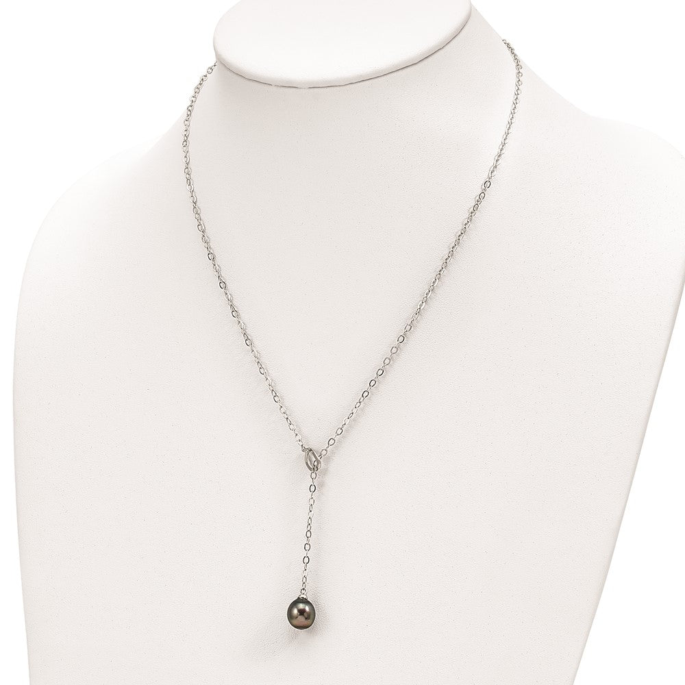 Sterling Silver Rhodium-plated 9-10mm Black Teardrop Tahitian Saltwater Cultured Pearl Slide 19.5 inch Necklace 19.5 Inches