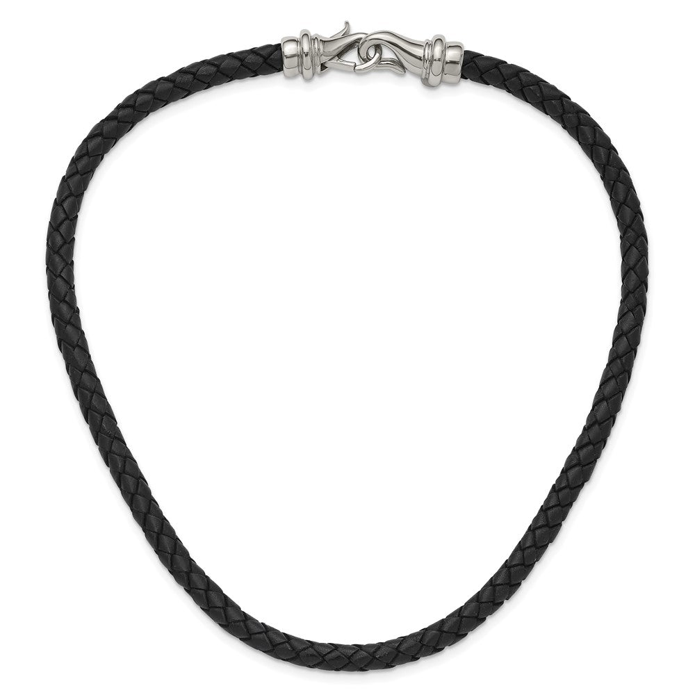 Stainless Steel Polished Woven Black Leather 19.5in Necklace