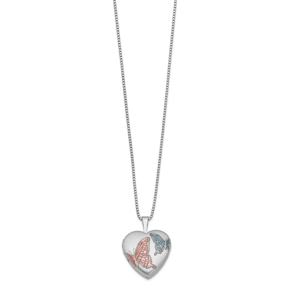 Sterling Silver RH-plated 16mm Satin Enamel Butterfly Heart Locket Necklace 18 Inches