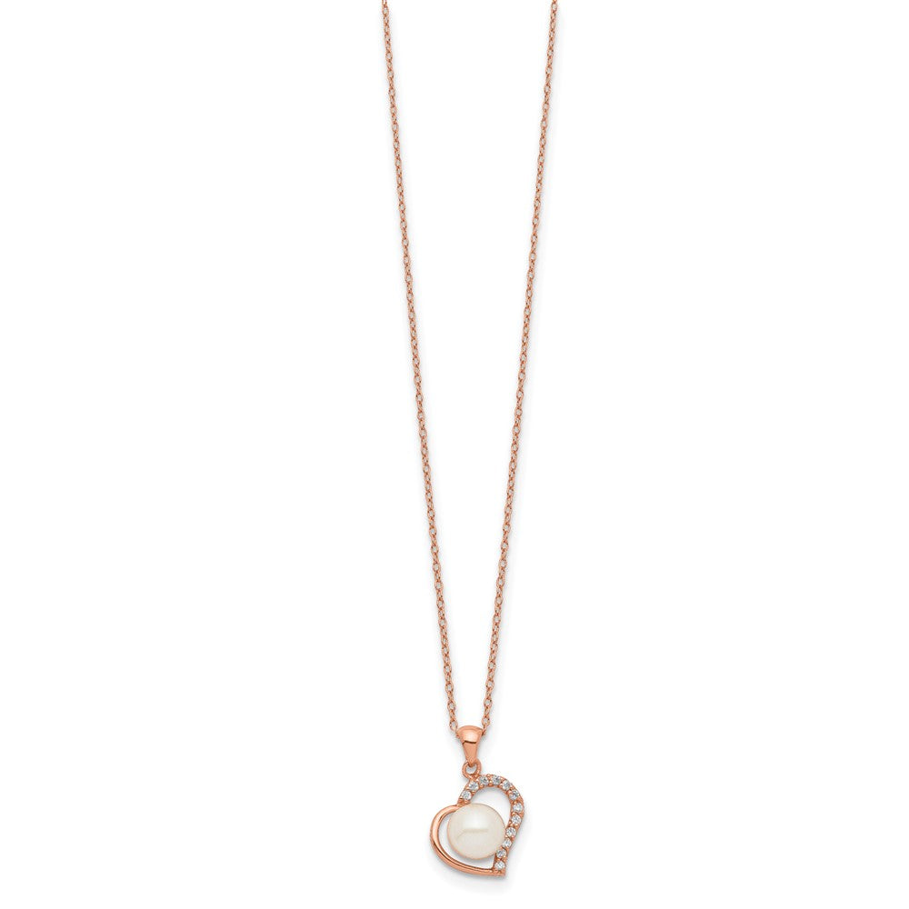 Sterling Silver Rose-tone 18k Flash Gold-plated 7-8mm Button Freshwater Cultured Pearl Heart 17 inch Necklace 17 Inches