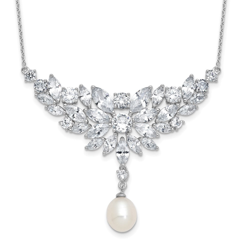 Cheryl M Sterling Silver Rhodium-plated Polished Fancy Freshwater Cultured Pearl and CZ Necklace 18 Inches