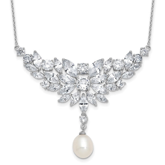 Cheryl M Sterling Silver Rhodium-plated Polished Fancy Freshwater Cultured Pearl and CZ Necklace 18 Inches