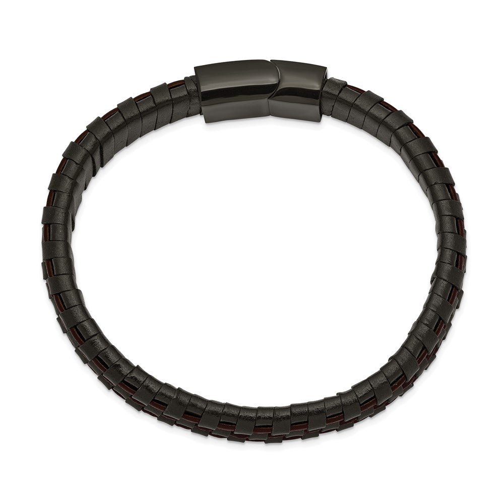 Stainless Steel Polished Black IP Black and Brown Leather 8.25in Bracelet 8.25 inches