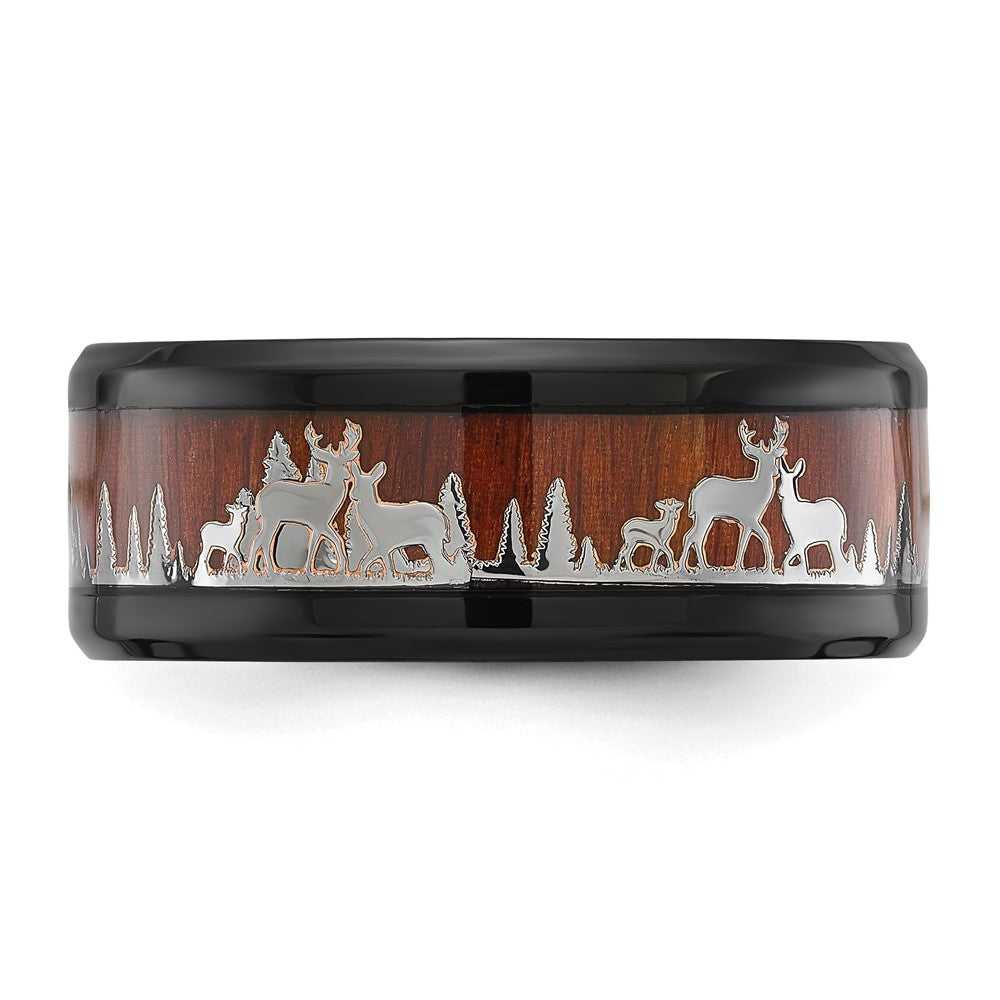 Chisel Stainless Steel Polished Black IP-plated with Wood Inlay Deer in Forest Design 9mm Band Size - 10