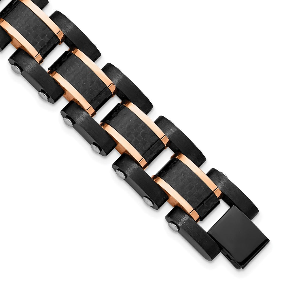 Stainless Steel Brushed Polished Black/Rose IP Carbon Fiber 8.5in Bracelet 8.5 inches
