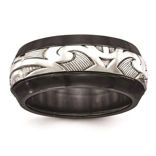 Edward Mirell Black Ti & Sterling Silver Inlay Polished Scroll Ring