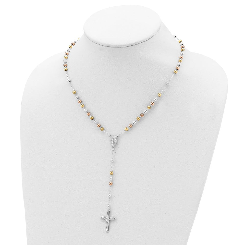 Sterling Silver Polished White Rose and Yellow Bead Rosary 18 inch Necklace 18 Inches