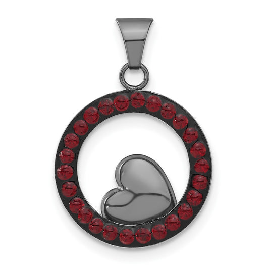 Sterling Silver Black Ceramic Red Crystal Heart Circle Pendant