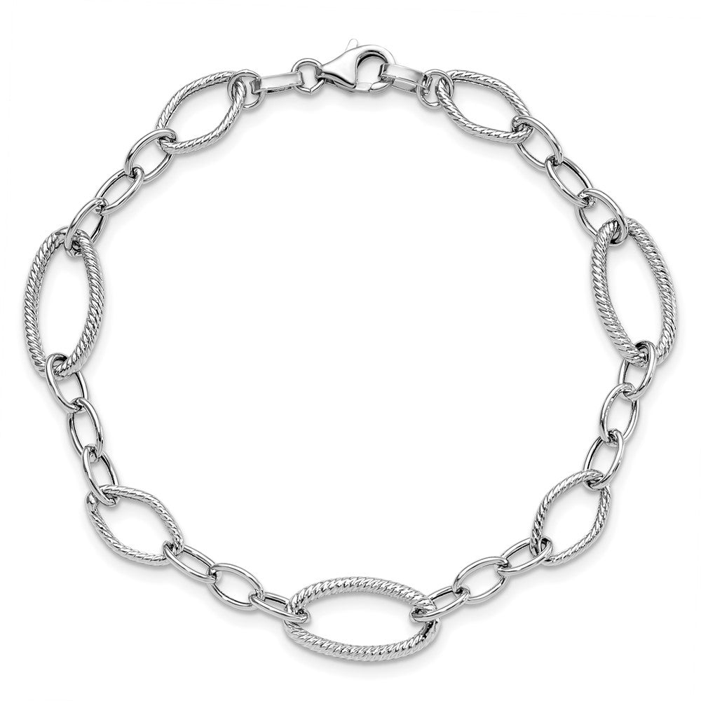 14K White Gold Polished and Textured Link Bracelet 7.5  inches