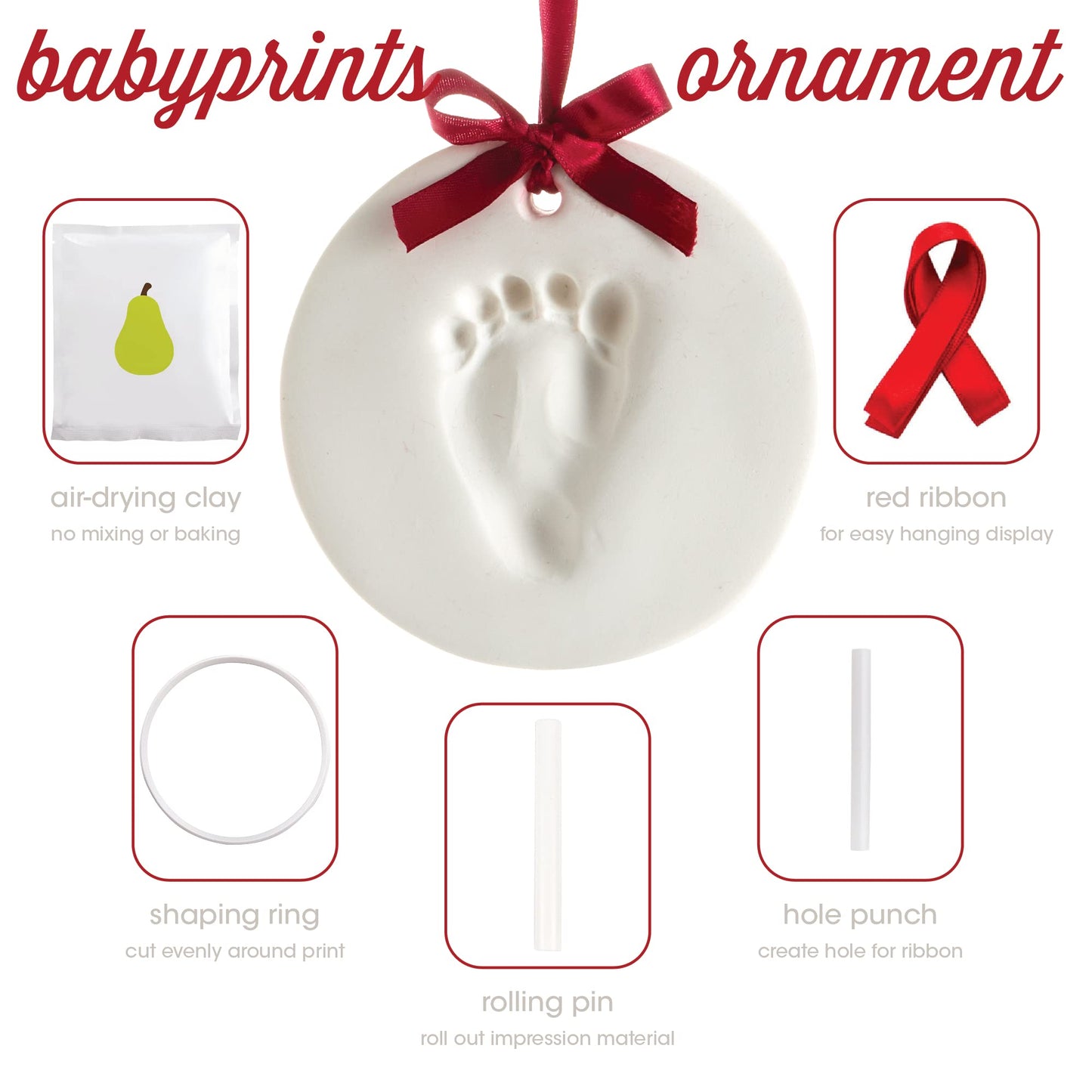 Pearhead White Clay Babyprints Round Holiday Decorative Accent Ornament, 5"