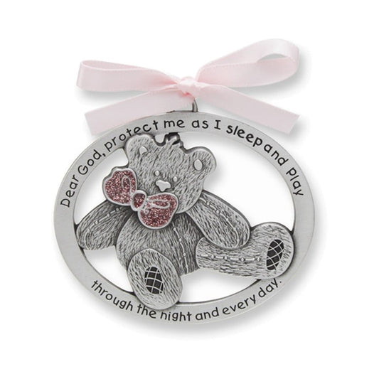 Cathedral Art (Abbey & CA Gift Pink Teddy Bear Crib Medal for Jewelry Making, 2.5" x 2", Silver