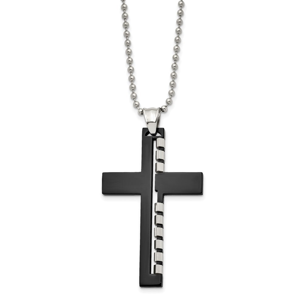 Stainless Steel Polished Black IP-plated Cut out Cross 22in Necklace