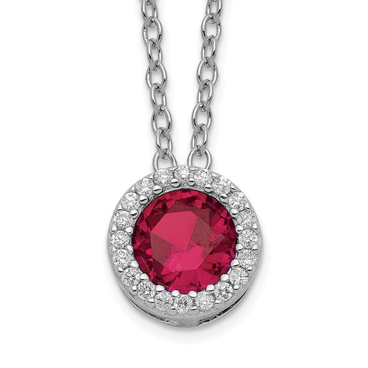 Cheryl M Sterling Silver Rhodium-plated Brilliant-cut Lab Created Ruby and Brilliant-cut White CZ Round Halo 18 Inch Necklace 18 Inches