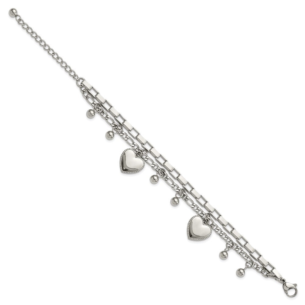 Stainless Steel Polished Hearts and Beads 7in w/2in ext. Bracelet 7 inches