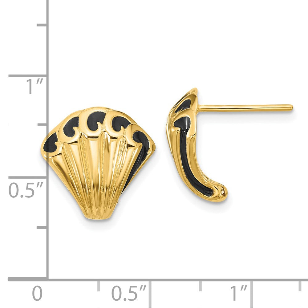14K Gold with Black Enamel Polished Fancy Post Earrings