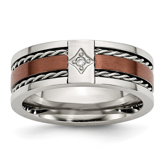 Stainless Steel Brushed/Polished Brown IP-plated .02ct Diamond 8mm Band Size - 13