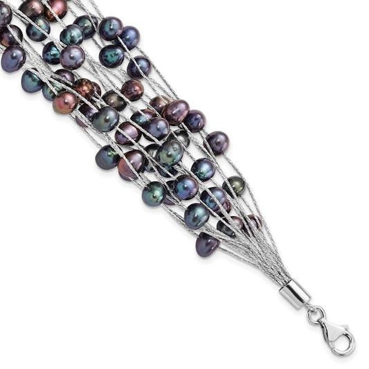 Sterling Silver Rhodium-plated 6-7mm Black Semi-Round Freshwater Cultured Pearl Multi Strand 7.5 inch Bracelet 7.5 inches