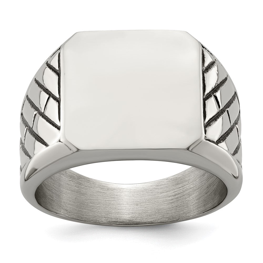 Stainless Steel Polished with Black Enamel Signet Ring Size - 9