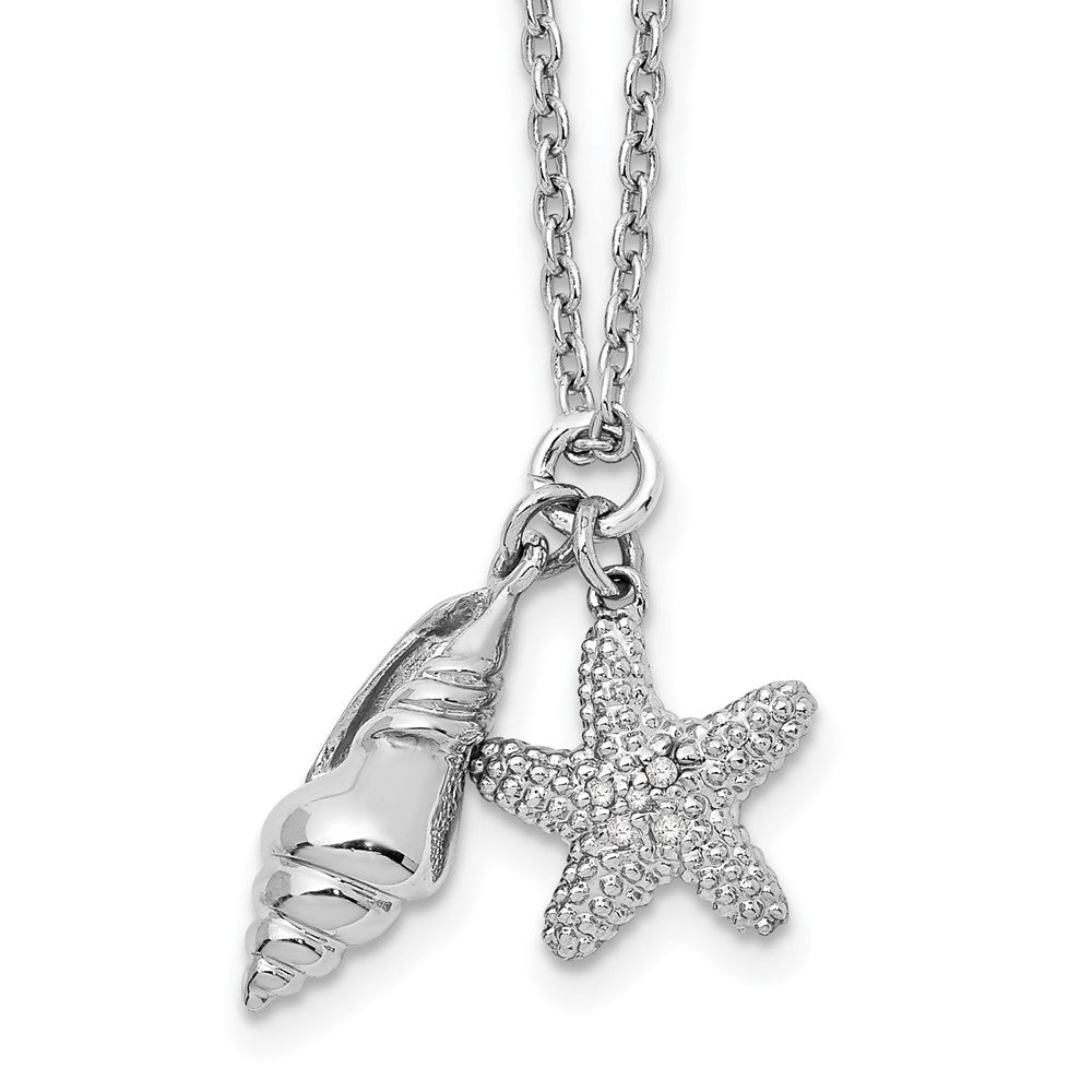 White Ice Sterling Silver Rhodium-plated 18 Inch Diamond Shell and Starfish Necklace with 2 Inch Extender 18 Inches