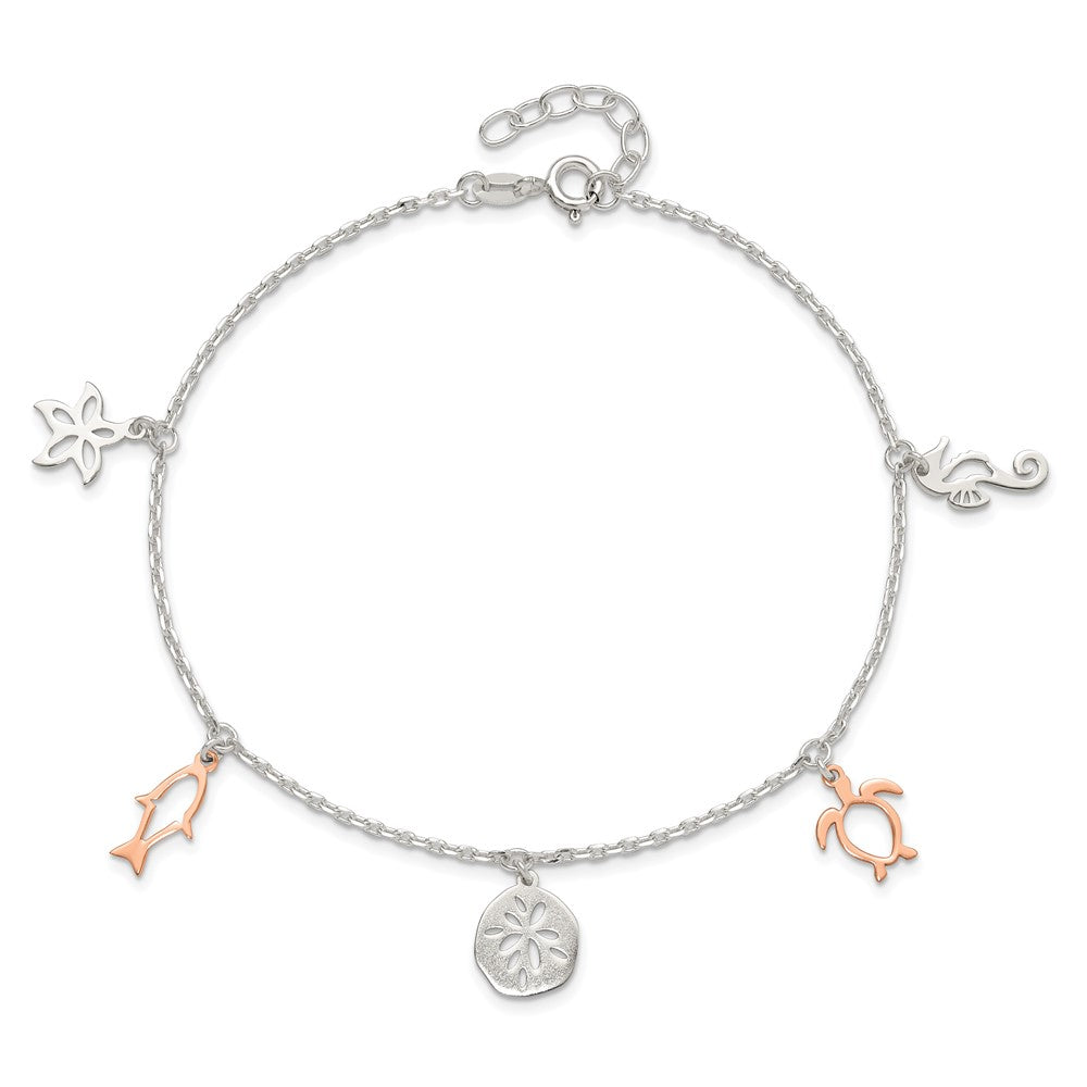 Sterling Silver Rose-tone Seashore Dangles 9in Plus 1in Ext. Anklet 9 inches