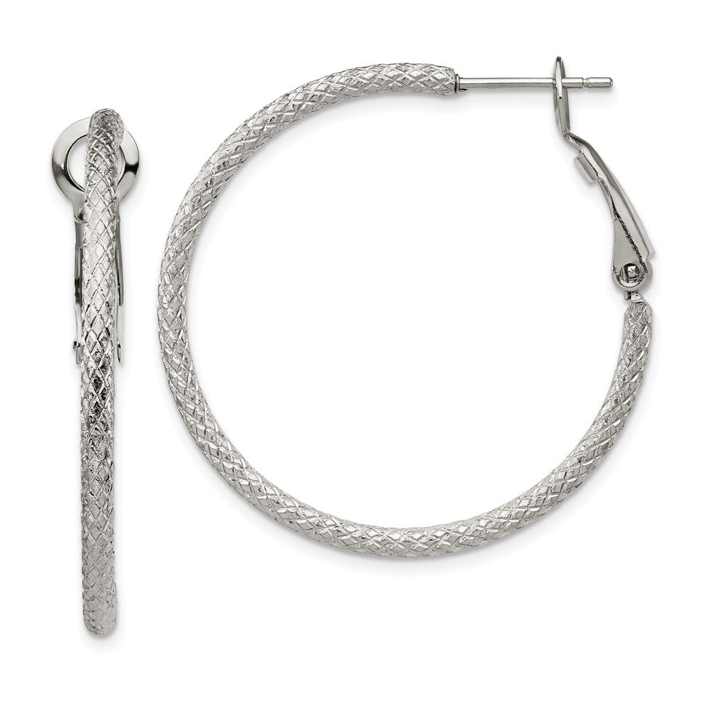 Stainless Steel Polished and Textured 2mm Omega Back Hoop Earrings