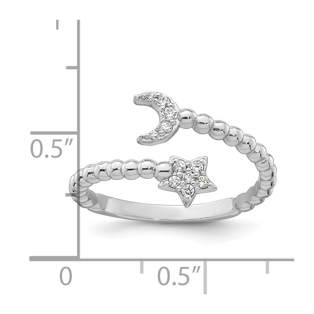 Sterling Silver Rhodium-plated Polished and Beaded Adjustable CZ Moon and Star Size 7 Ring