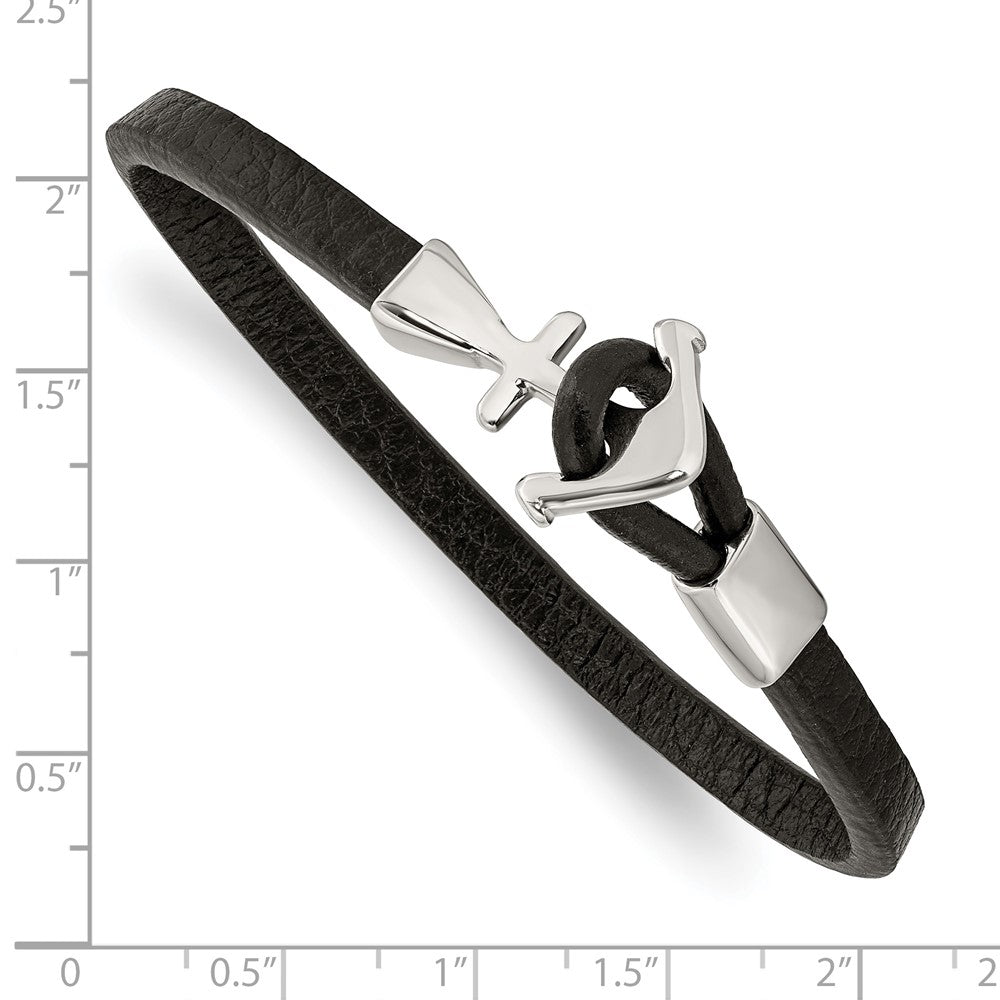 Stainless Steel Polished Anchor Black Leather 8in Bracelet 8 inches