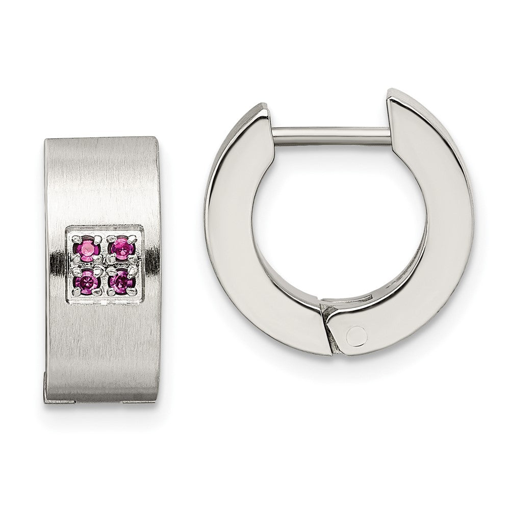 Stainless Steel Brushed & Polished w/Pink CZ 5mm Hinged Hoop Earrings