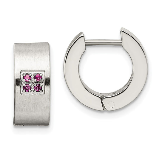 Stainless Steel Brushed & Polished w/Pink CZ 5mm Hinged Hoop Earrings