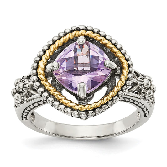 Shey Couture Sterling Silver with 14K Accent Antiqued Cushion Pink Quartz Ring