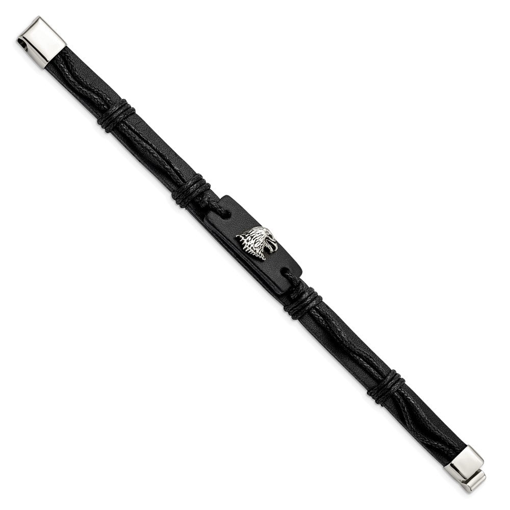 Stainless Steel Antiqued and Polished Eagle Head Black Leather Bracelet 8.5 inches