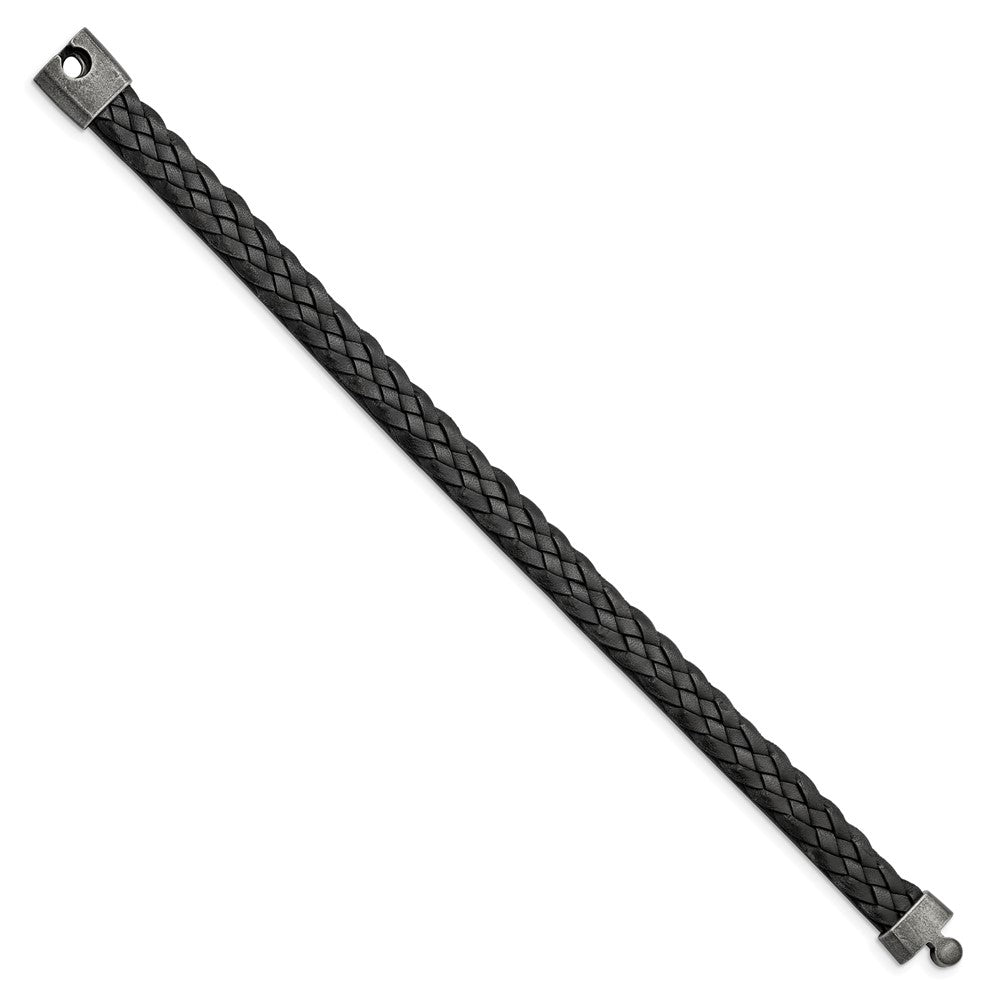 Stainless Steel Antiqued Black Braided Leather 8.25in Bracelet 8.25 inches