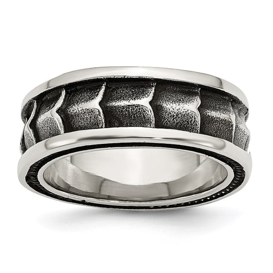 Stainless Steel Polished and Antiqued 9mm Band Size - 9