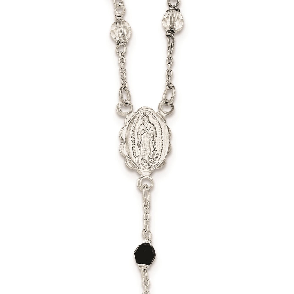 Sterling Silver Polished and Black Crystal Bead Rosary 23.5 inch Necklace 23.5 Inches