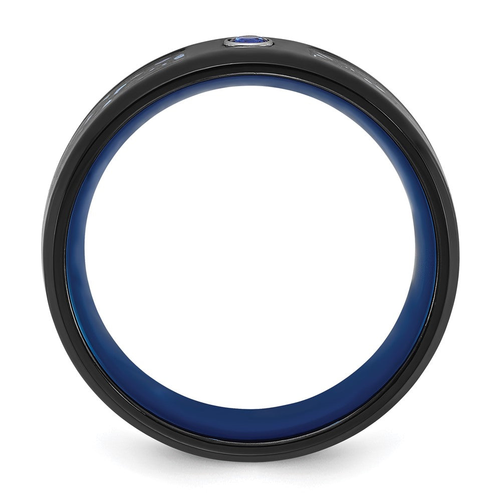 Chisel Titanium Polished Black and Blue IP-plated with Blue CZ Carbon Fiber Inlay in Clear Epoxy 8mm Band Size - 9