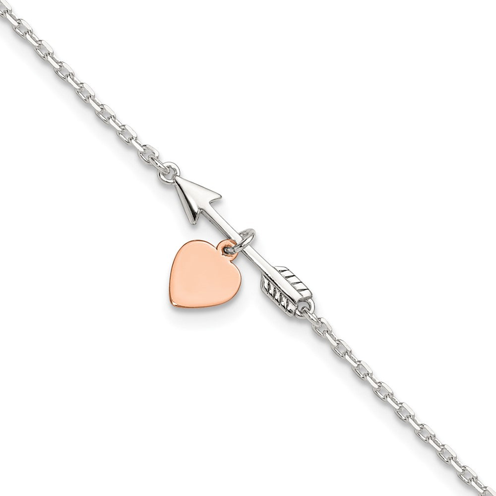 Sterling Silver Arrow with Rose-tone Heart 10in Plus 1 inch Ext Anklet 10 inches