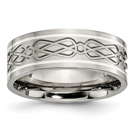 Titanium Polished w/Sterling Silver Inlay Celtic Knot 8mm Flat Band Size - 8.5